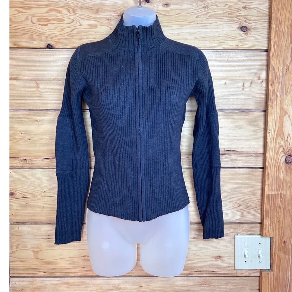 Jacob Charcoal Grey Ribbed Knit Zip Up Cardigan Wool Blend Mock Neck Sweater Med